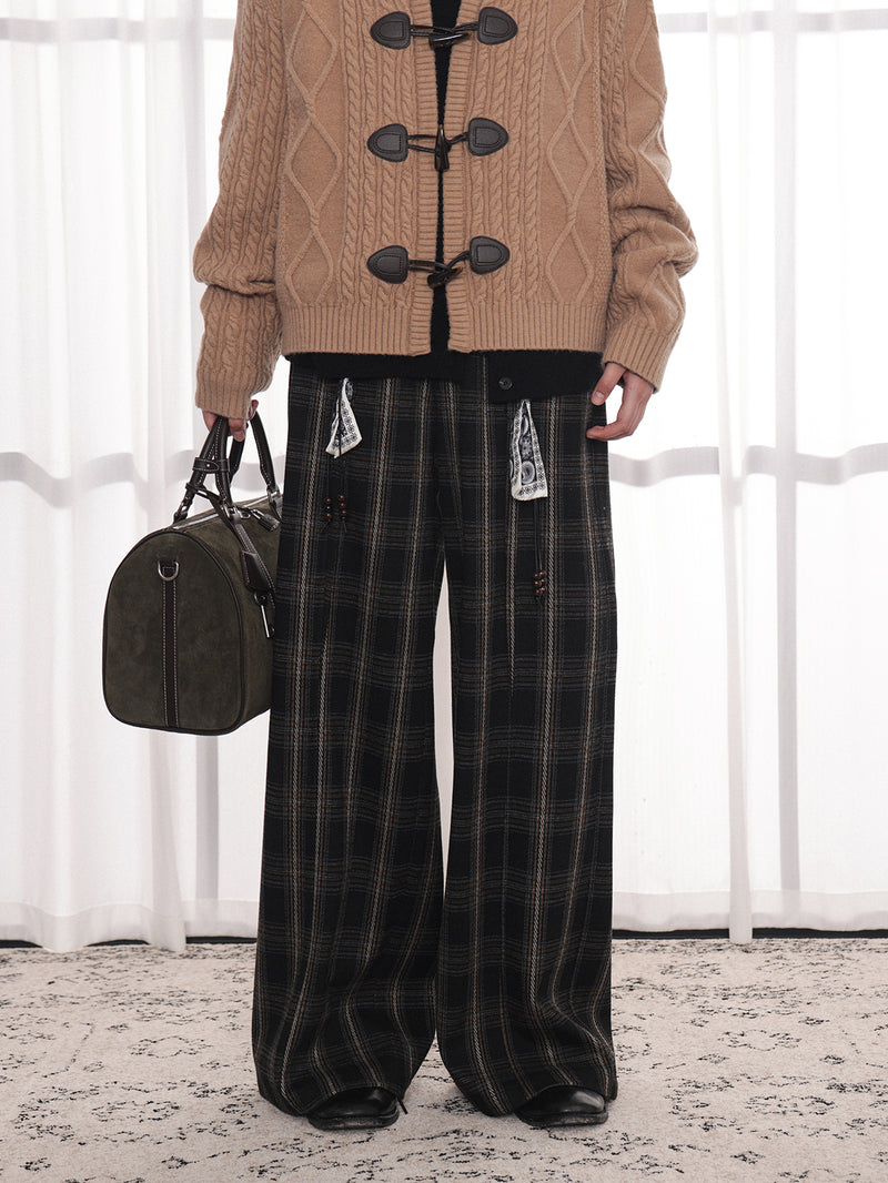 Antsstna loose wide leg checkered pants for men and women with drawstring