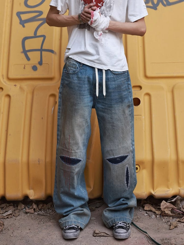 HAS2SONS washed blue straight leg wipe dirty jeans