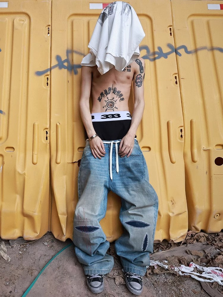 HAS2SONS washed blue straight leg wipe dirty jeans