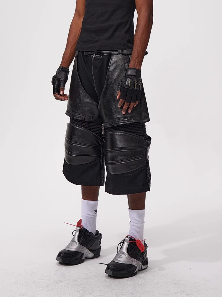 Fouth3ex 25Ss denim patchwork leather pants, cropped pants