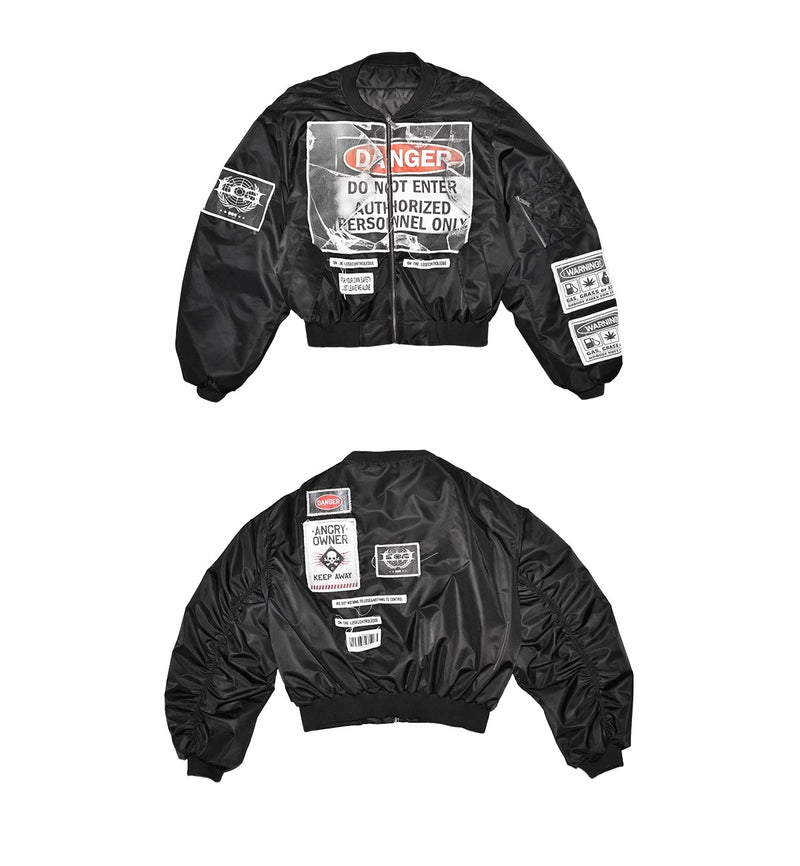 LCE warning message collage bomber cotton jacket
