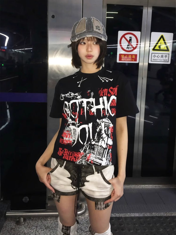 PAIKI subculture rock shoulder T-shirt short sleeved