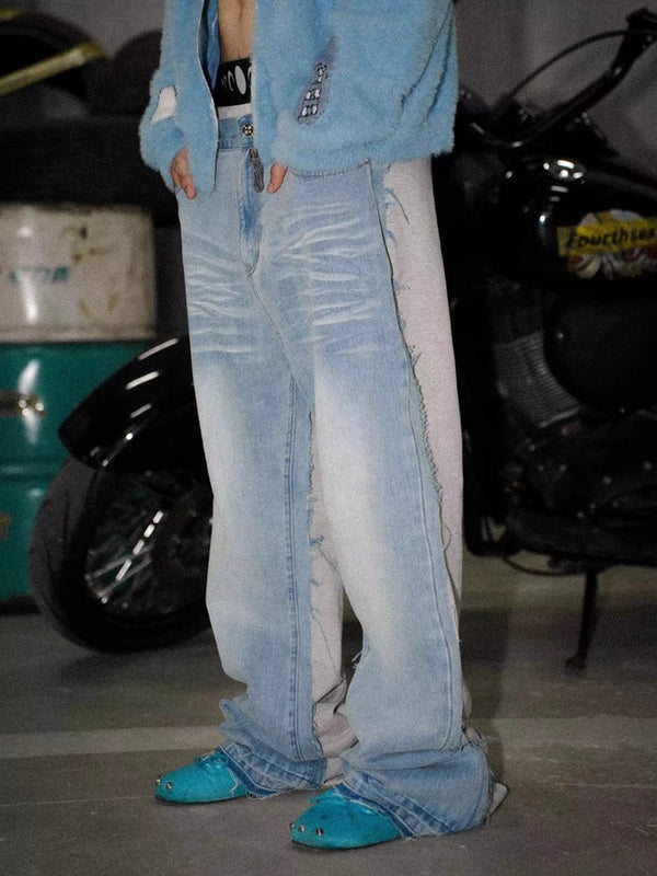 Fouth3ex washed cat whisker denim patchwork sweatpants