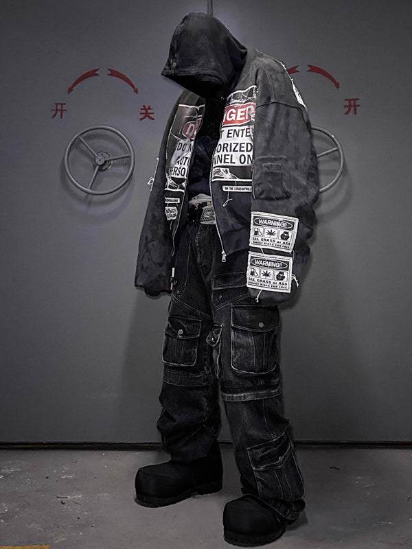 LCE * warning label label, bomber short silhouette jacket