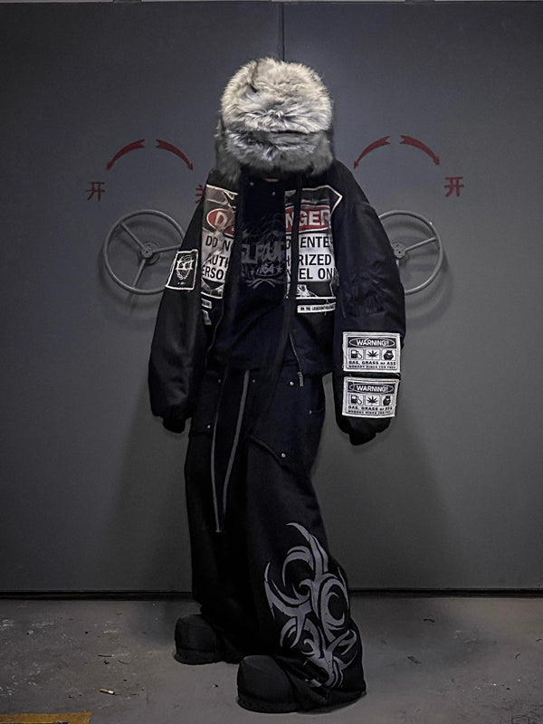 LCE warning message collage bomber cotton jacket