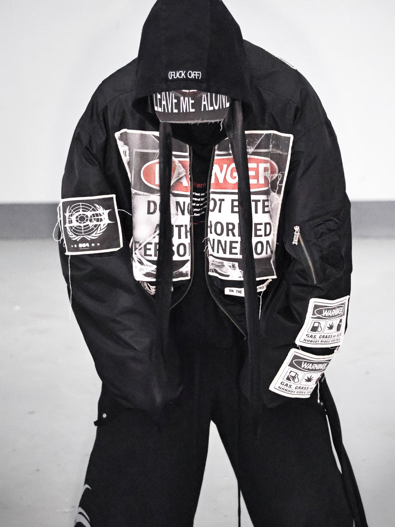 LCE warning message collage bomber cotton jacket