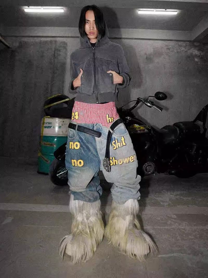 Fouth3ex slogan splicing double waist washed jeans
