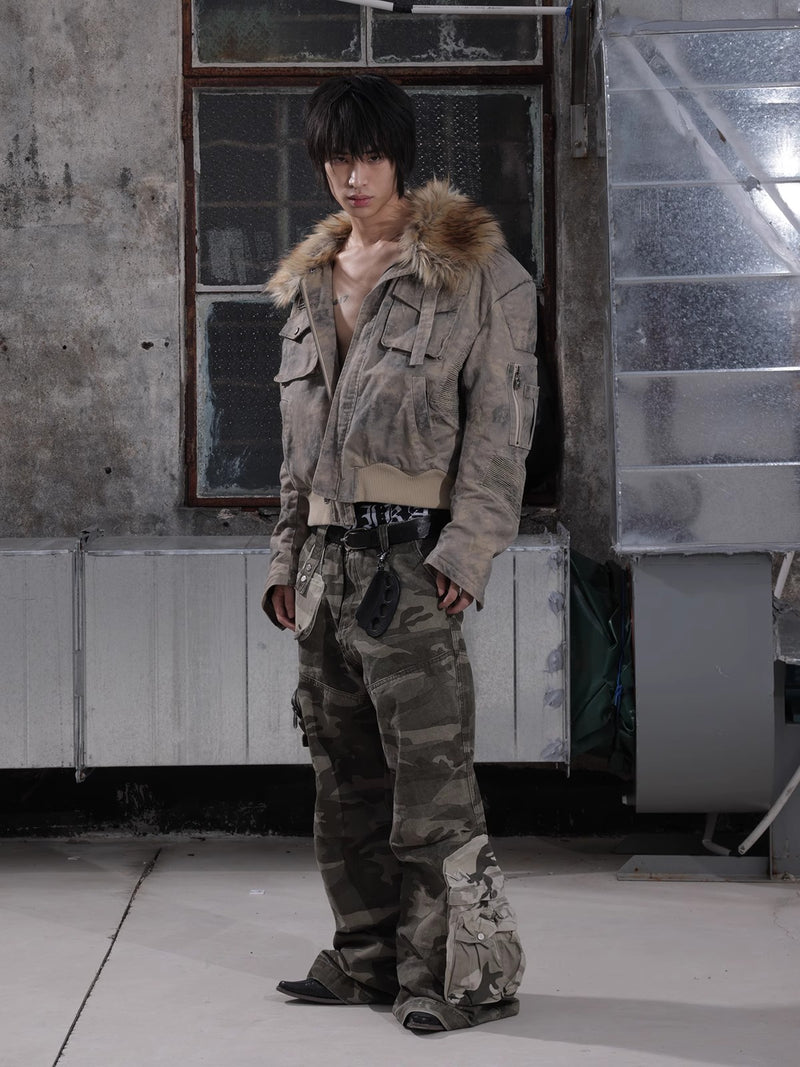 HAS2SONS curved knife short fur collar camouflage jacket bomber