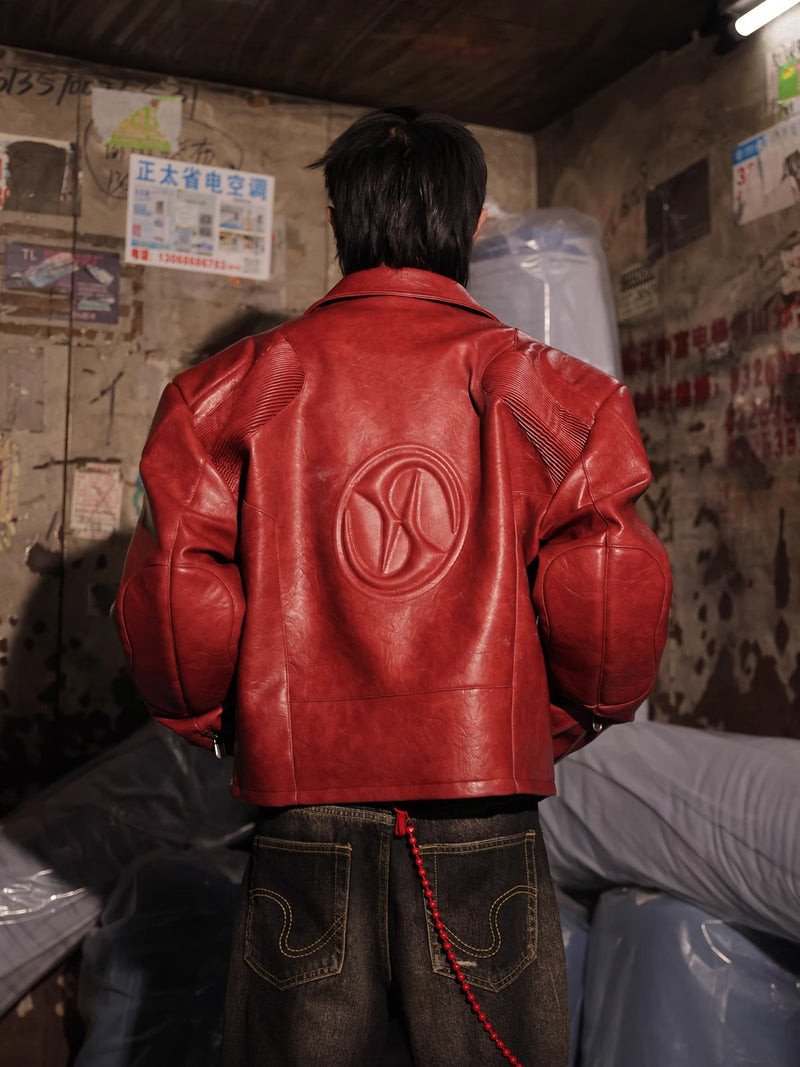 HAS2SONS red curved blade sleeve PU leather jacket