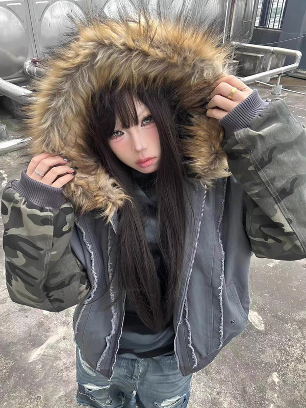 PAIKI camouflage spliced fur collar bomber cotton jacket for men