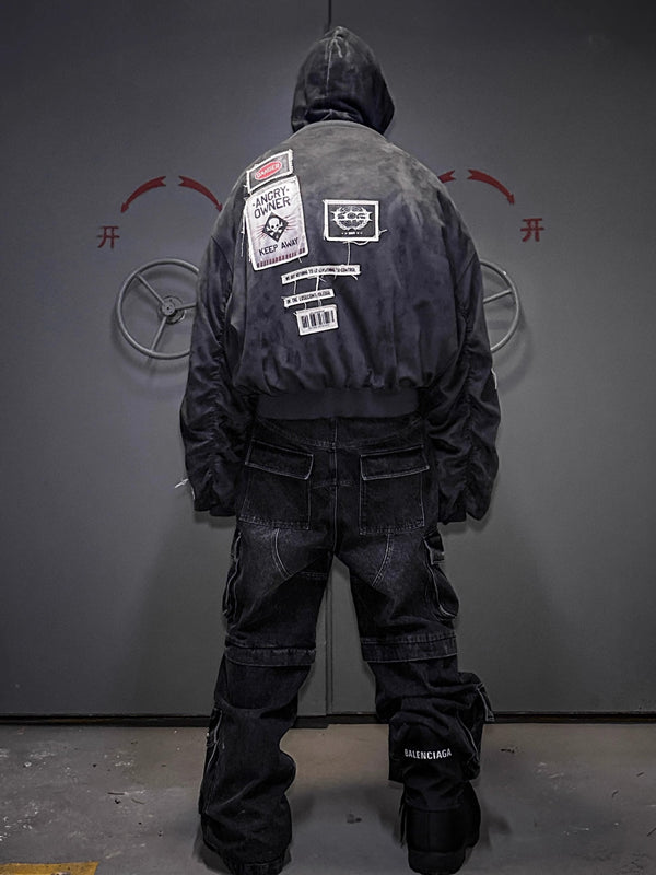 LCE * warning label label, bomber short silhouette jacket