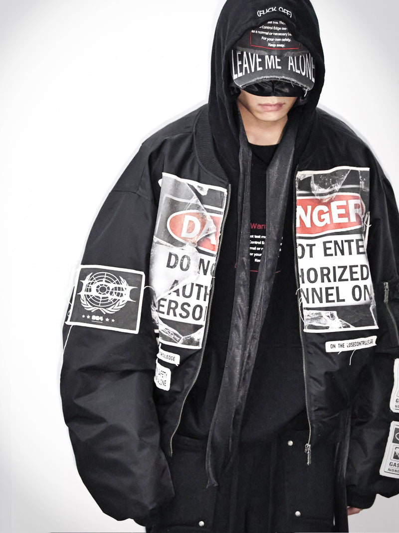 LCE warning message collage bomber cotton jacket