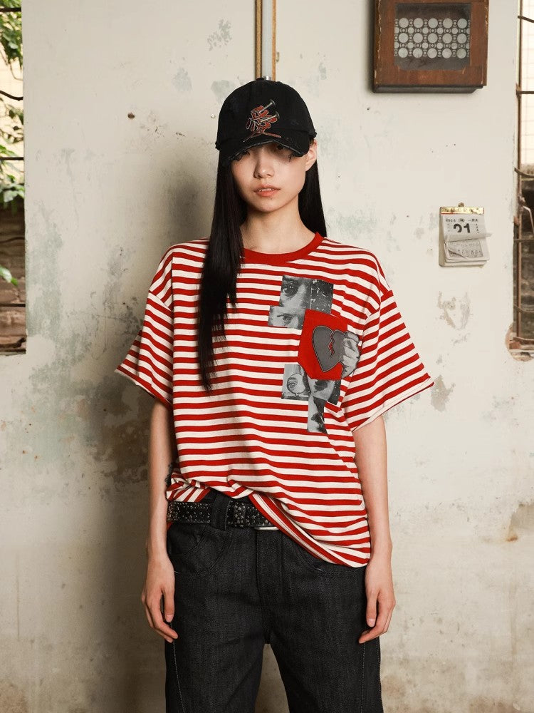 HAS2SONS Horizontal Stripe Printed Red Lightweight Breathable T-shirt