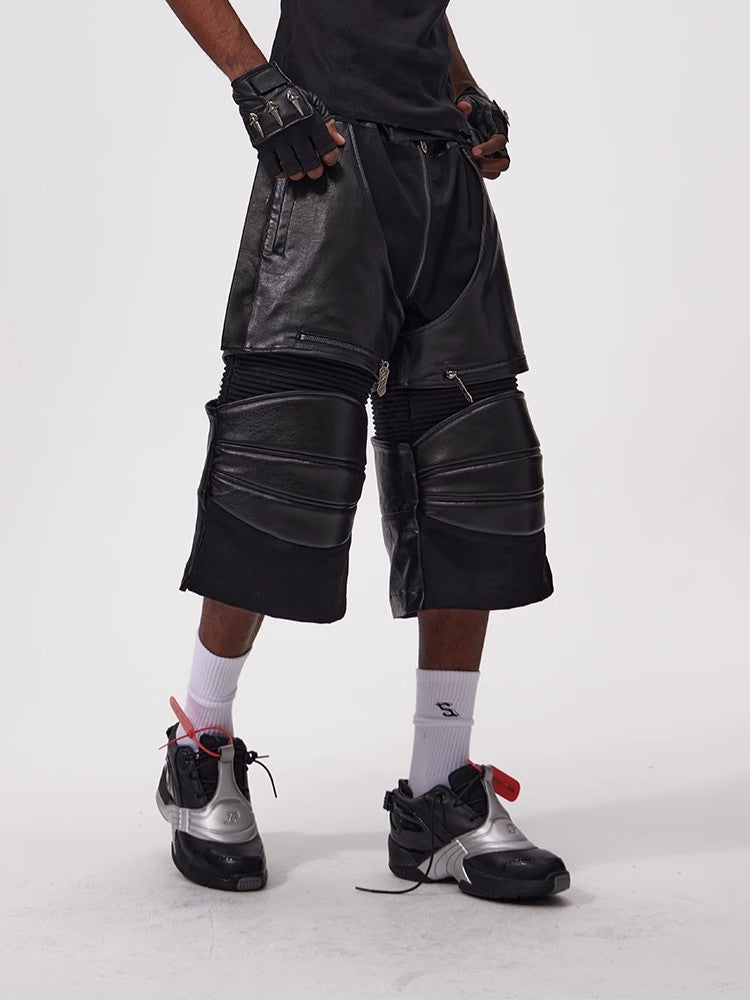 Fouth3ex 25Ss denim patchwork leather pants, cropped pants