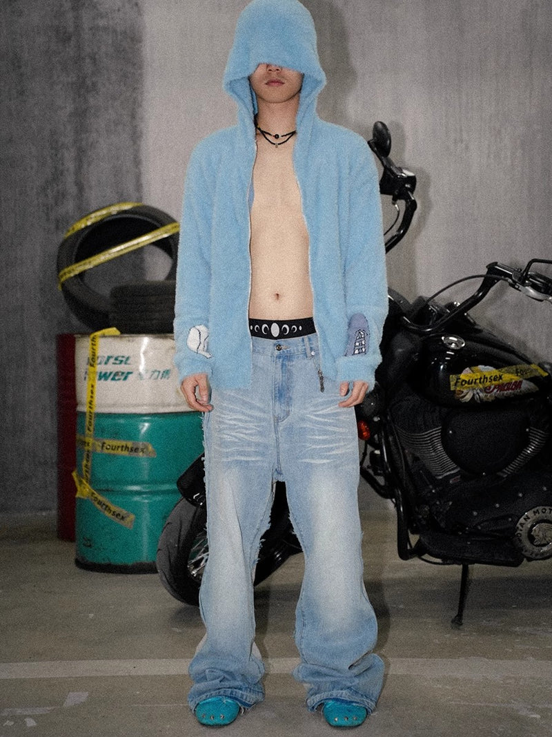 Fouth3ex washed cat whisker denim patchwork sweatpants