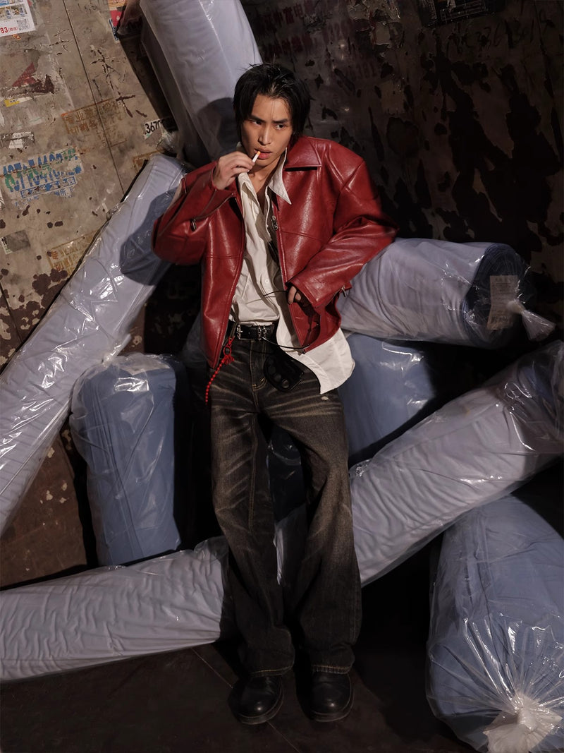 HAS2SONS red curved blade sleeve PU leather jacket