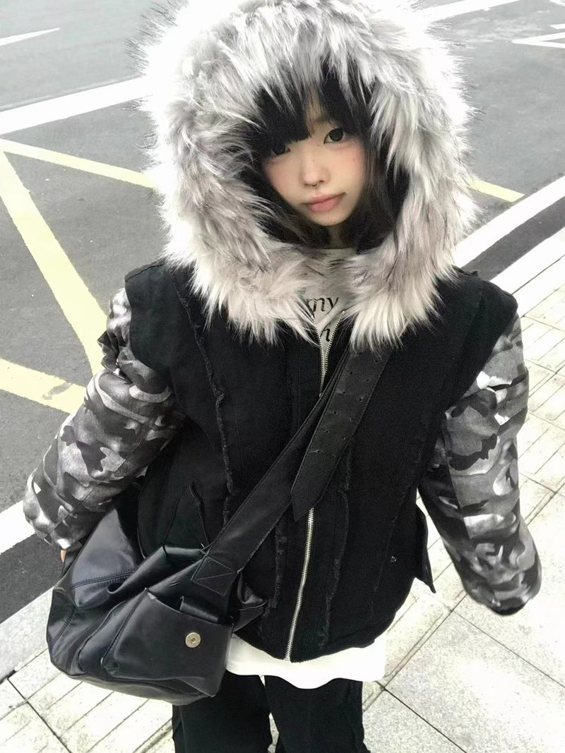 PAIKI camouflage spliced fur collar bomber cotton jacket for men