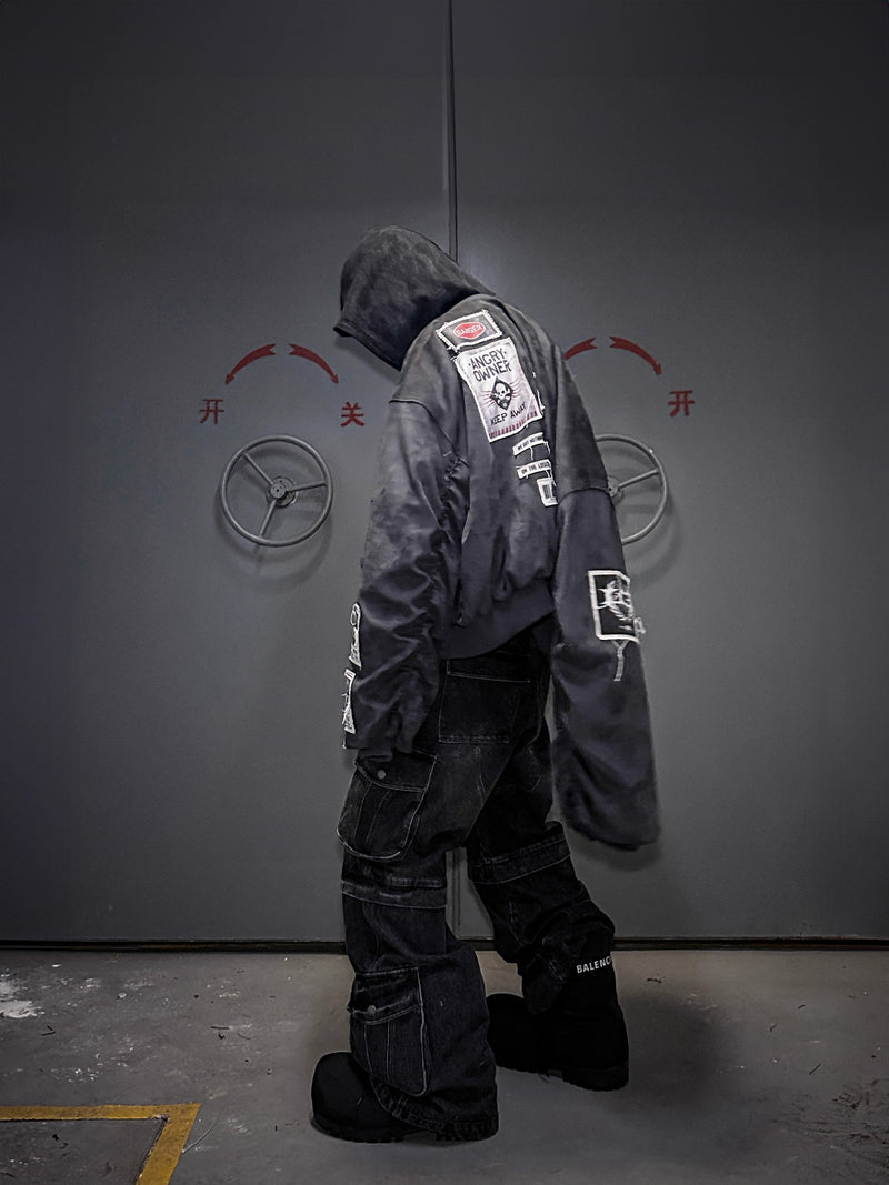 LCE * warning label label, bomber short silhouette jacket