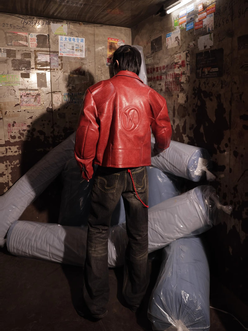 HAS2SONS red curved blade sleeve PU leather jacket