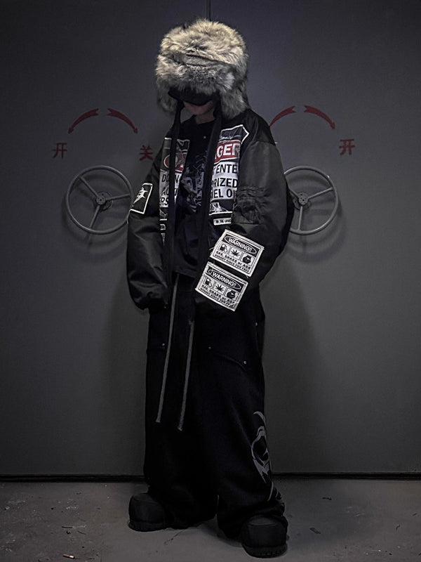 LCE warning message collage bomber cotton jacket