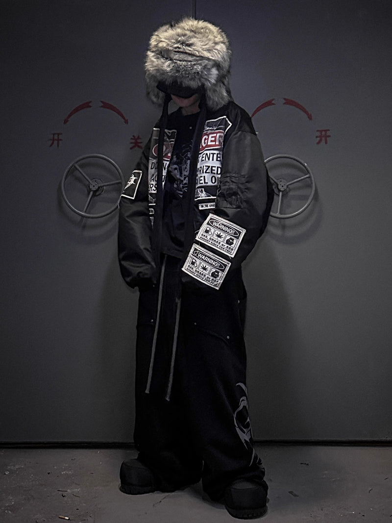 LCE warning message collage bomber cotton jacket
