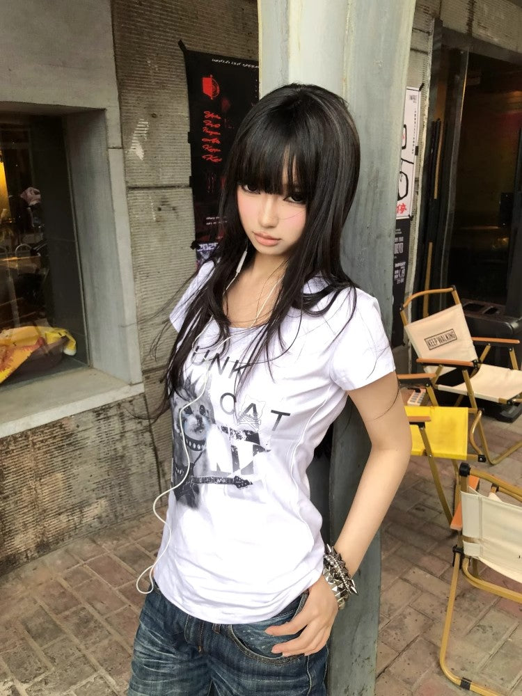 PAIKI kitten print slim fit large neck women's short sleeved shirt
