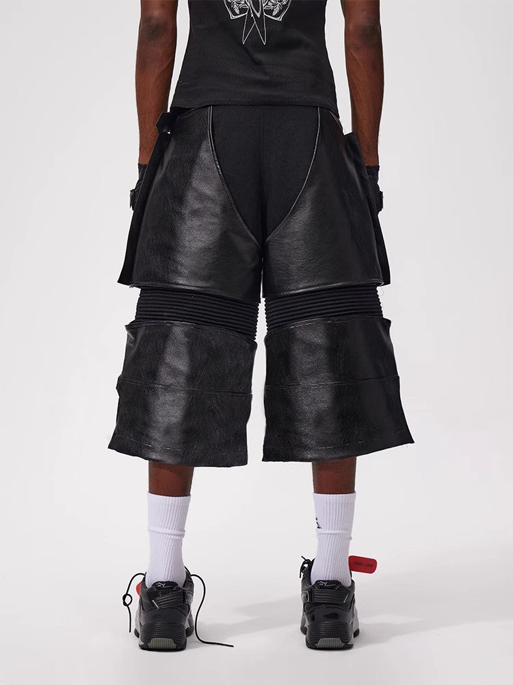 Fouth3ex 25Ss denim patchwork leather pants, cropped pants