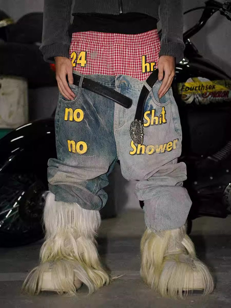 Fouth3ex slogan splicing double waist washed jeans