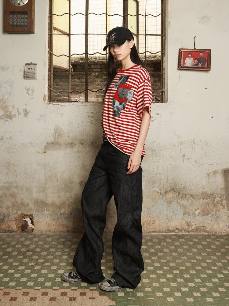 HAS2SONS Horizontal Stripe Printed Red Lightweight Breathable T-shirt