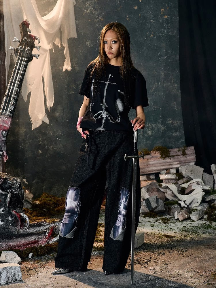PAIKI Knight Armor 3D Printed distressed jeans baggy