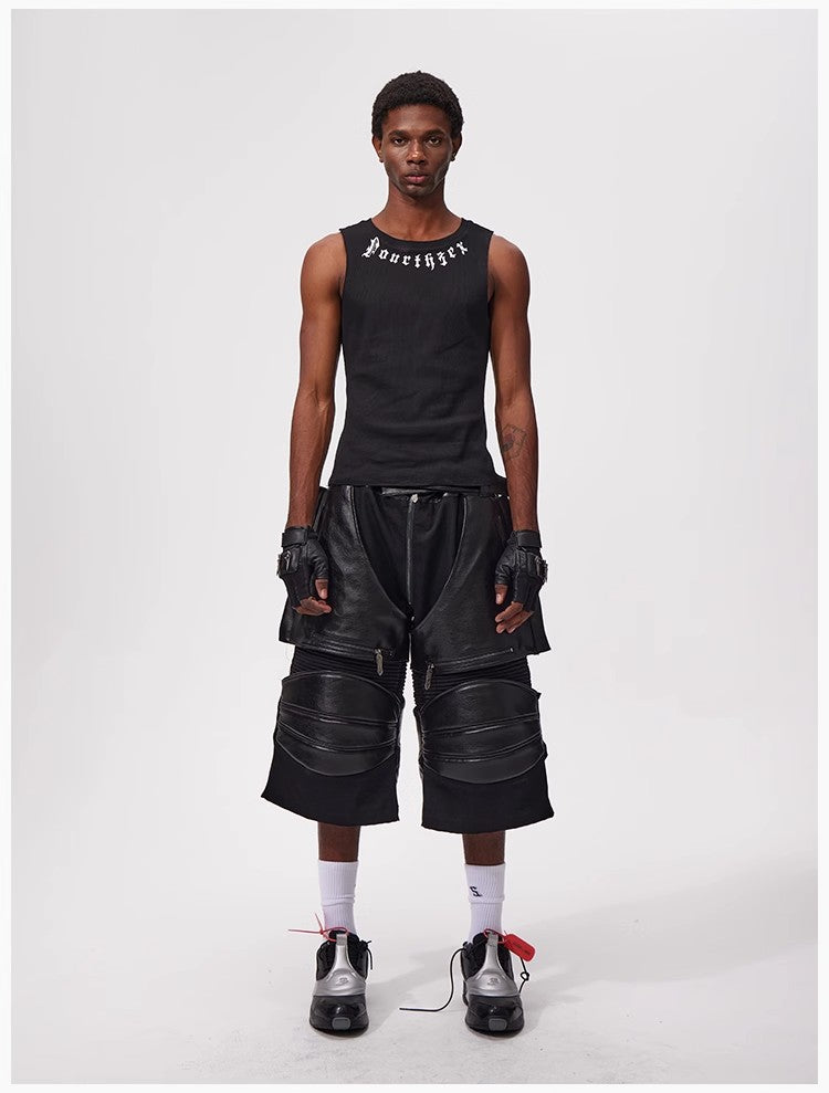 Fouth3ex 25Ss denim patchwork leather pants, cropped pants