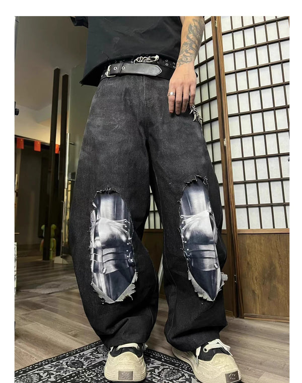 PAIKI Knight Armor 3D Printed distressed jeans baggy