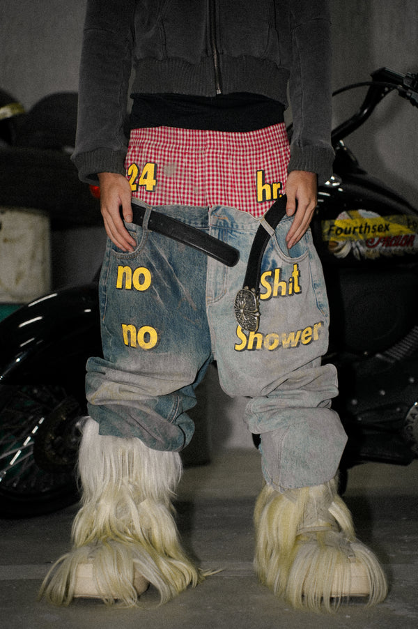 Fouth3ex slogan splicing double waist washed jeans