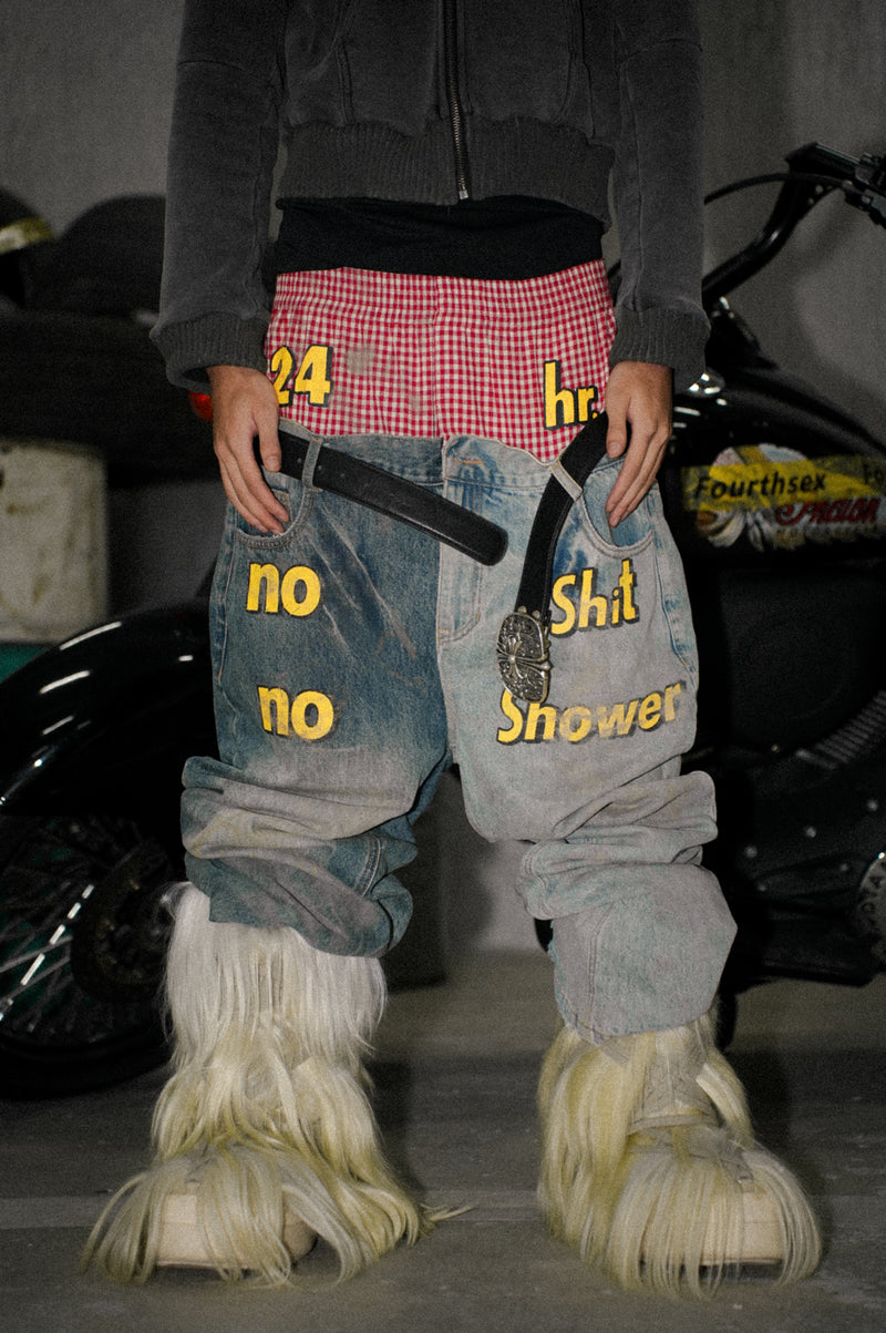 Fouth3ex slogan splicing double waist washed jeans