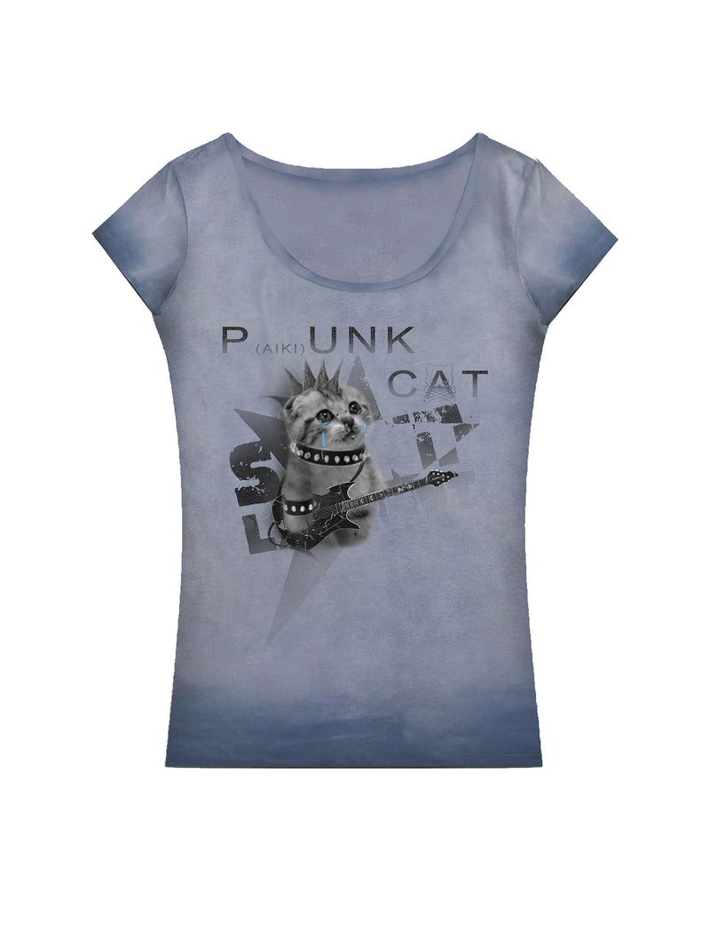 PAIKI kitten print slim fit large neck women's short sleeved shirt