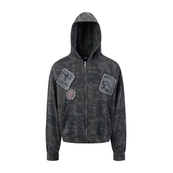 HAS2SONS vintage camouflage cardigan hooded short wide boxyfit sweatshirt