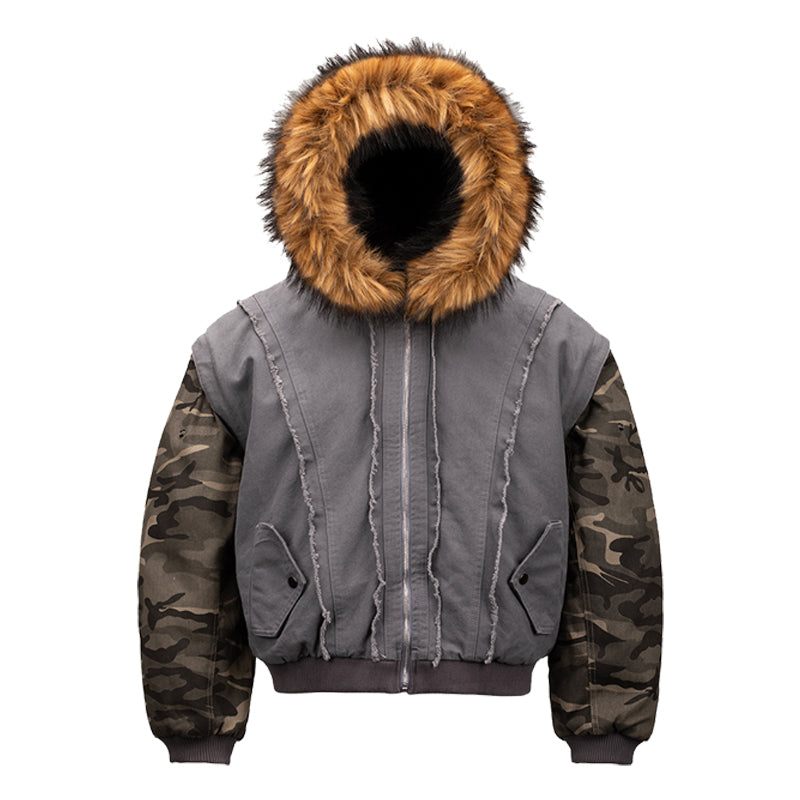 PAIKI camouflage spliced fur collar bomber cotton jacket for men