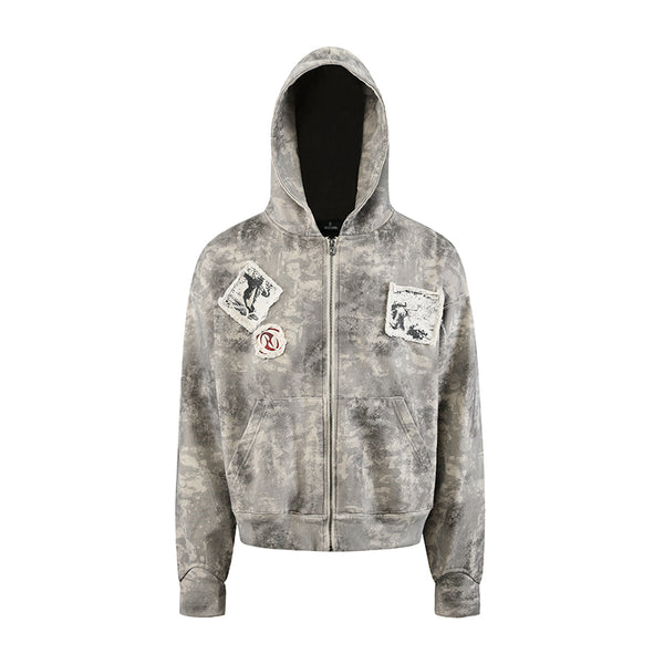 HAS2SONS vintage camouflage cardigan hooded short wide boxyfit sweatshirt