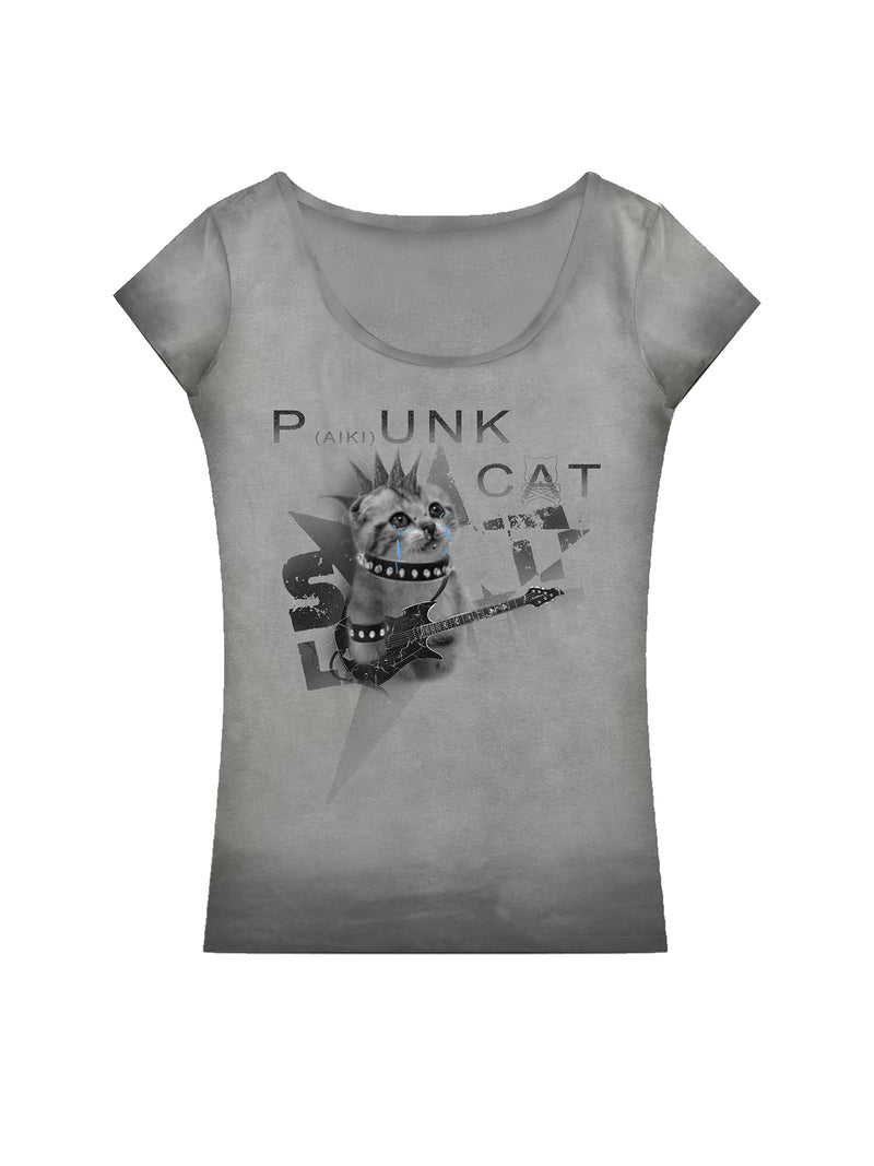 PAIKI kitten print slim fit large neck women's short sleeved shirt