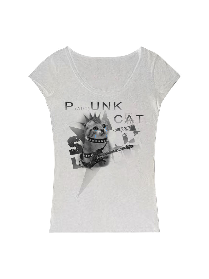 PAIKI kitten print slim fit large neck women's short sleeved shirt