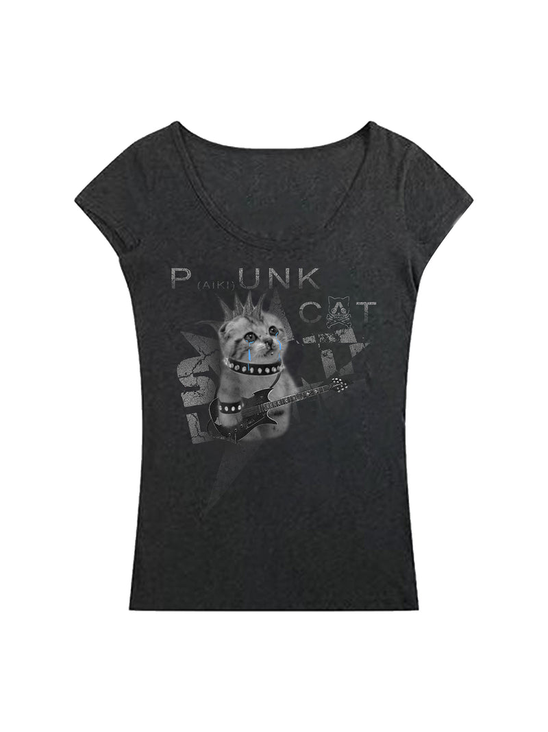 PAIKI kitten print slim fit large neck women's short sleeved shirt